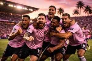 Football team in pink and black celebrating a goal representing Inter Miami