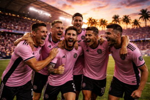 Football team in pink and black celebrating a goal representing Inter Miami
