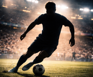 Silhouette of a football player dribbling with skill and speed