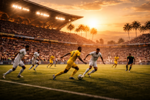 Professional soccer match in a Middle Eastern stadium representing Saudi Pro League
