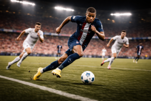 Fast football player sprinting with the ball representing Kylian Mbappe speed and skill