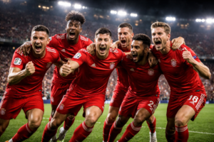 Football team in red celebrating victory representing Bayern Munich dominance
