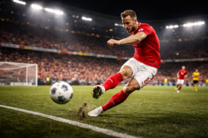 Professional striker taking a powerful shot representing Harry Kane in Bundesliga