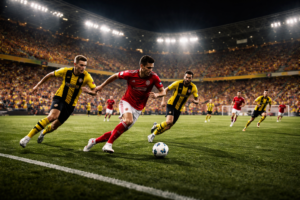 Fast paced football match in Bundesliga showing attacking play and high intensity action