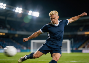 Powerful football striker shooting the ball during a match representing Erling Haaland