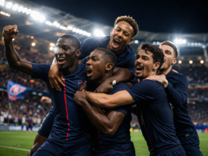 Football team in dark blue celebrating victory representing Paris Saint-Germain