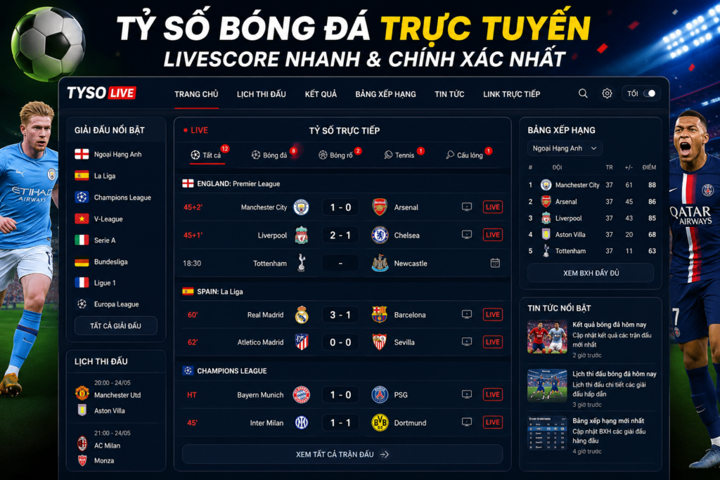 Tỷ Số Bóng Đá Trực Tuyến Hôm Nay: Livescore Được Tìm Kiếm Nhiều Nhất 2026